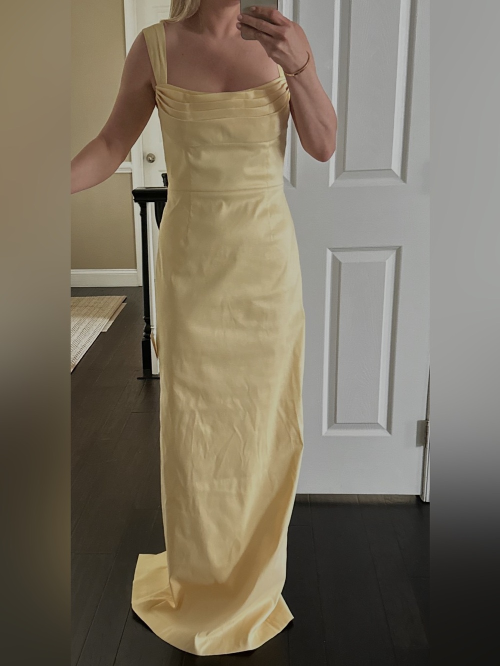 Rebecca Vallance Pale Yellow Pleated Satin Gown